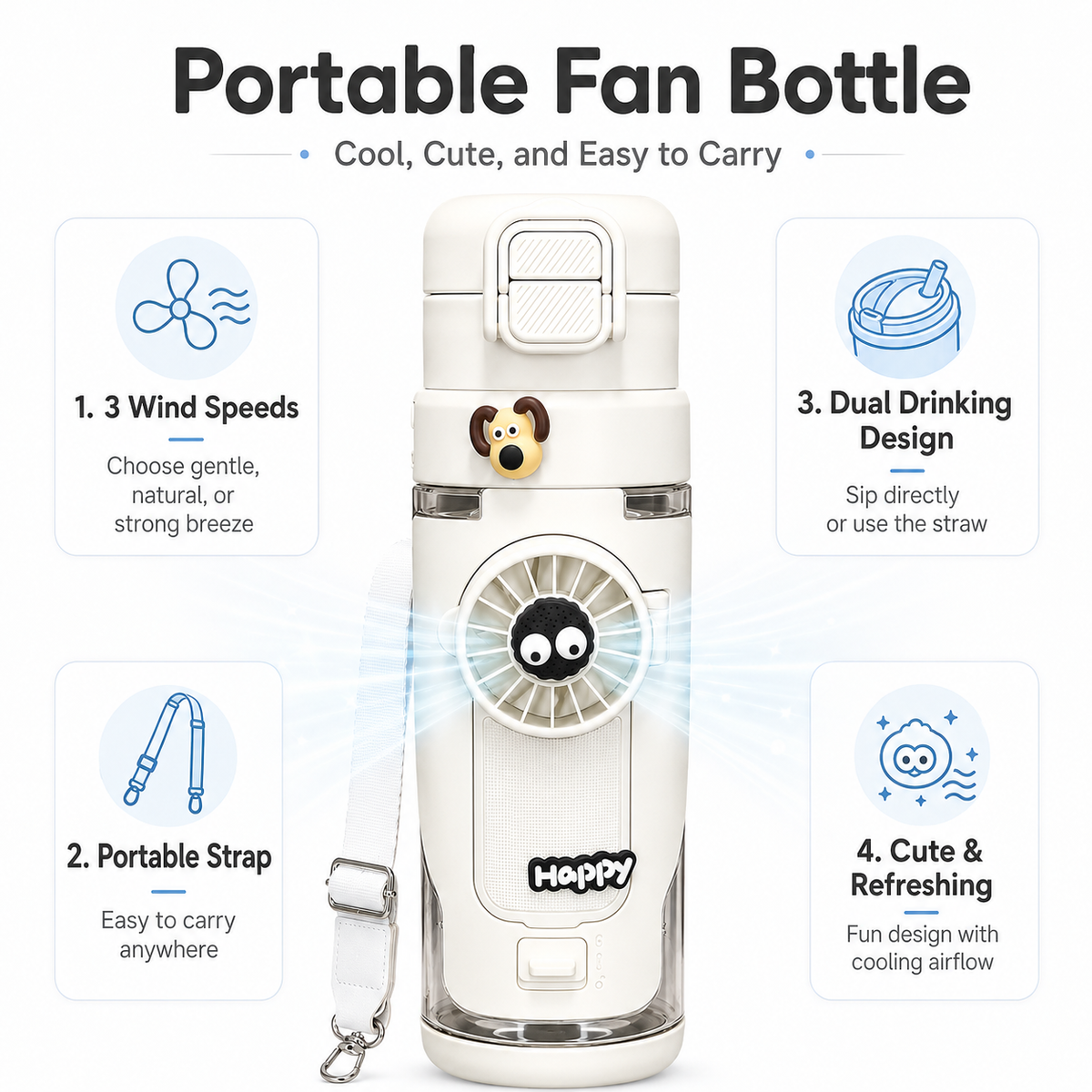 Misting Fan Portable Water Bottle with Carry Strap
