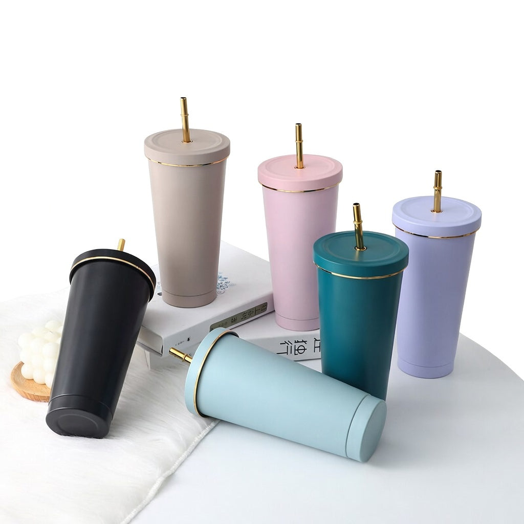 Matte Gold-Rimmed Straw Lid Insulated Tumbler