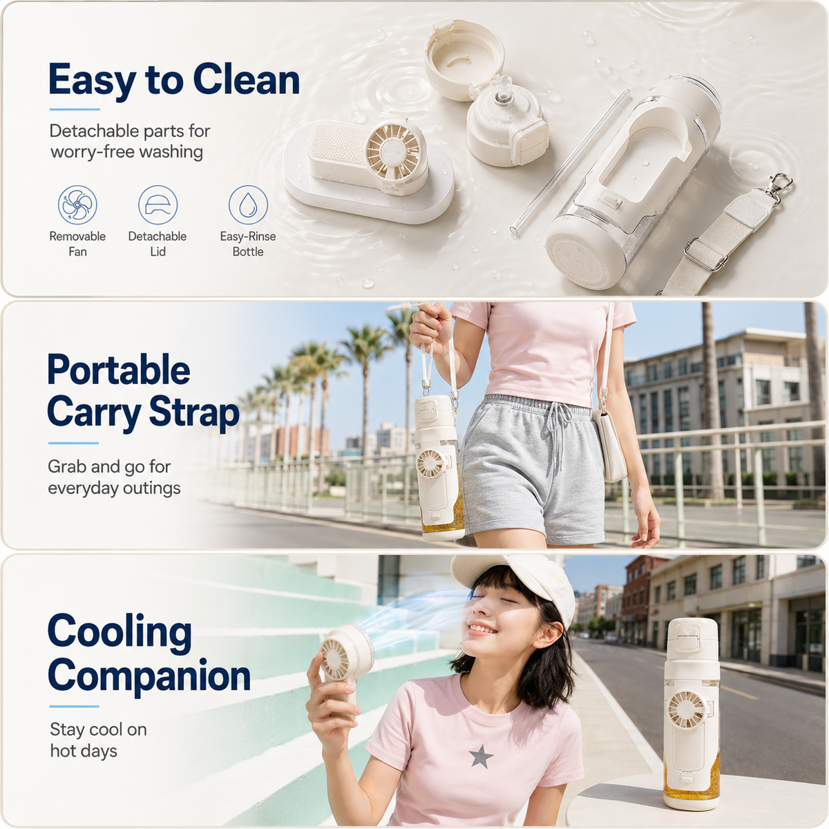 Detachable Fan Straw Lid Water Bottle 24oz