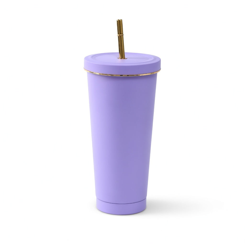 Matte Gold-Rimmed Straw Lid Insulated Tumbler