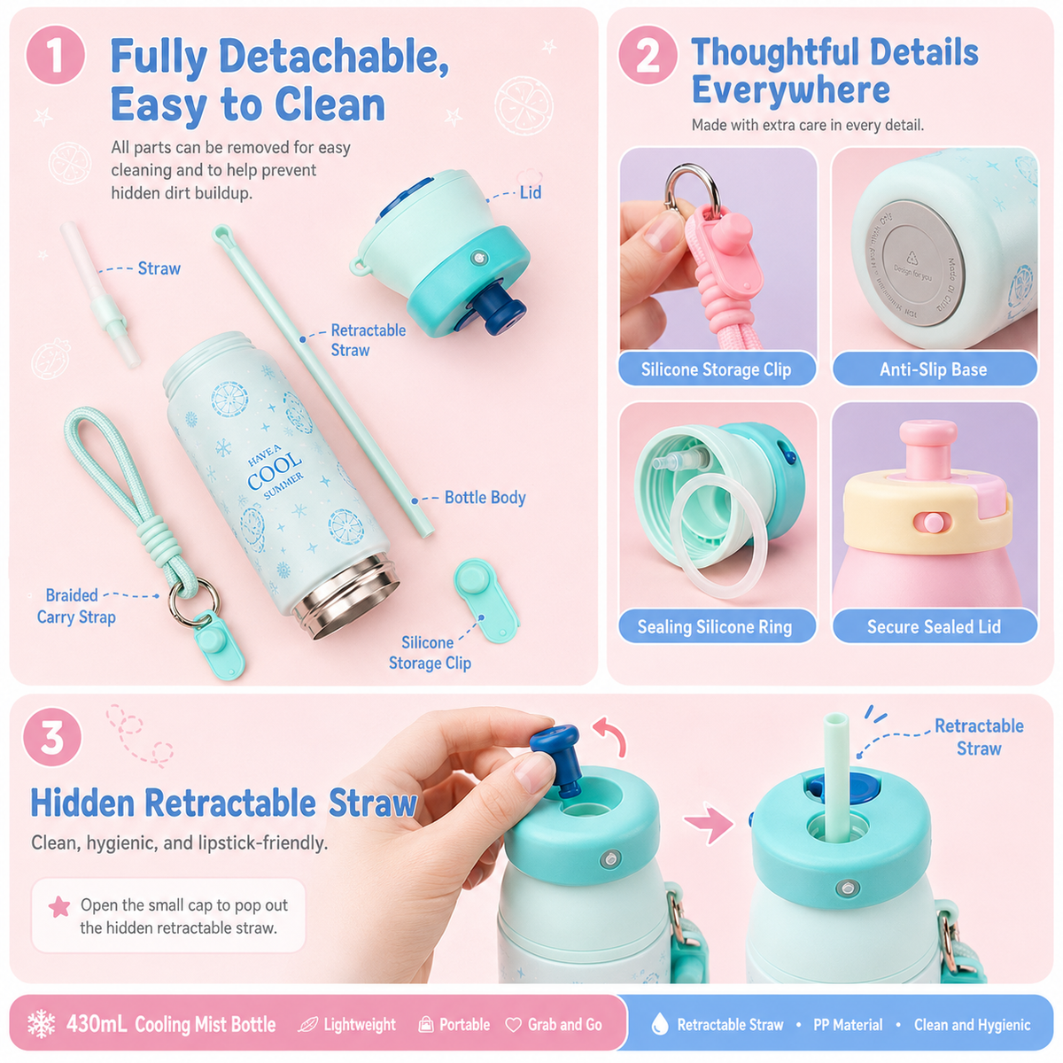 Misting Straw Lid Insulated Water Bottle 15oz
