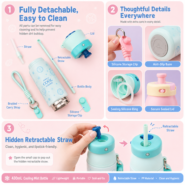 Misting Straw Lid Insulated Water Bottle 15oz