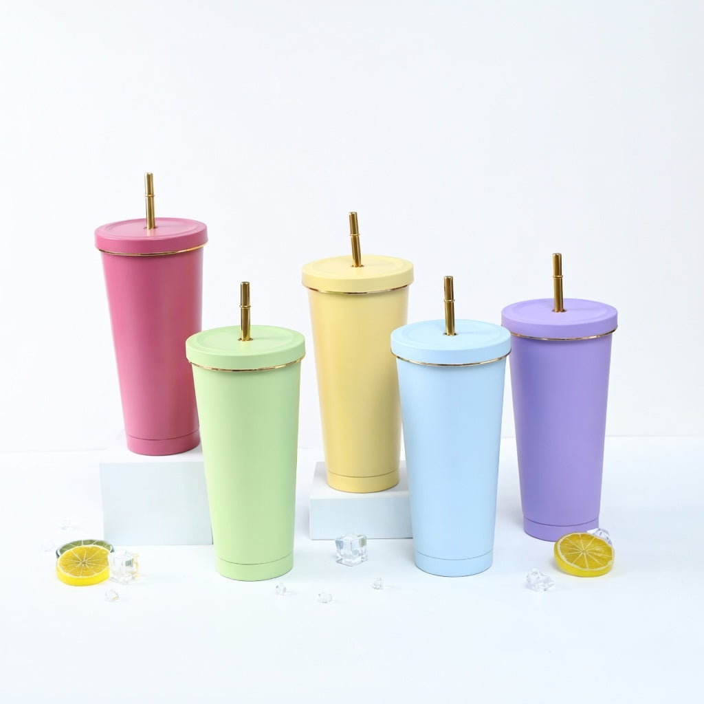 Matte Gold-Rimmed Straw Lid Insulated Tumbler