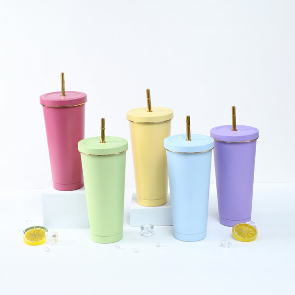Matte Gold-Rimmed Straw Lid Insulated Tumbler