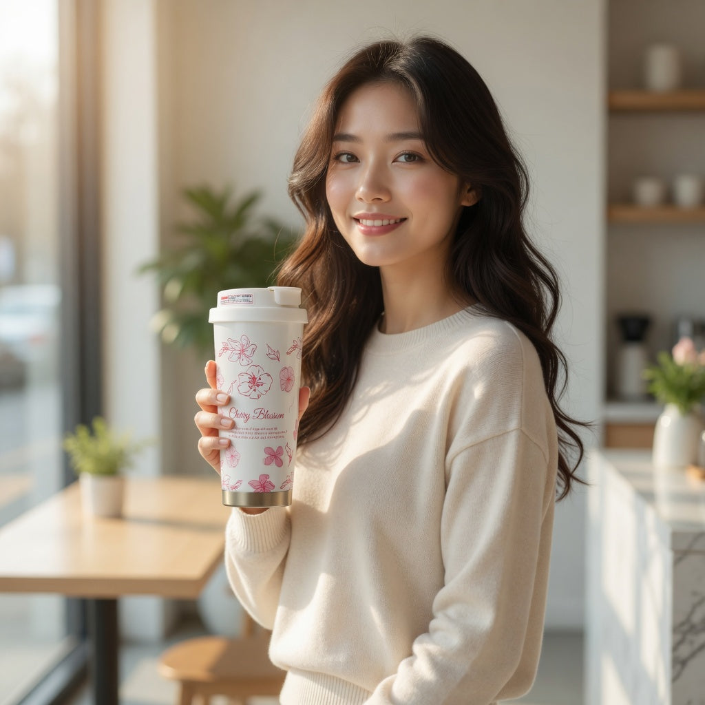 Floral Patterned Insulated Coffee Tumbler with Dual-Drinking Lid 17oz