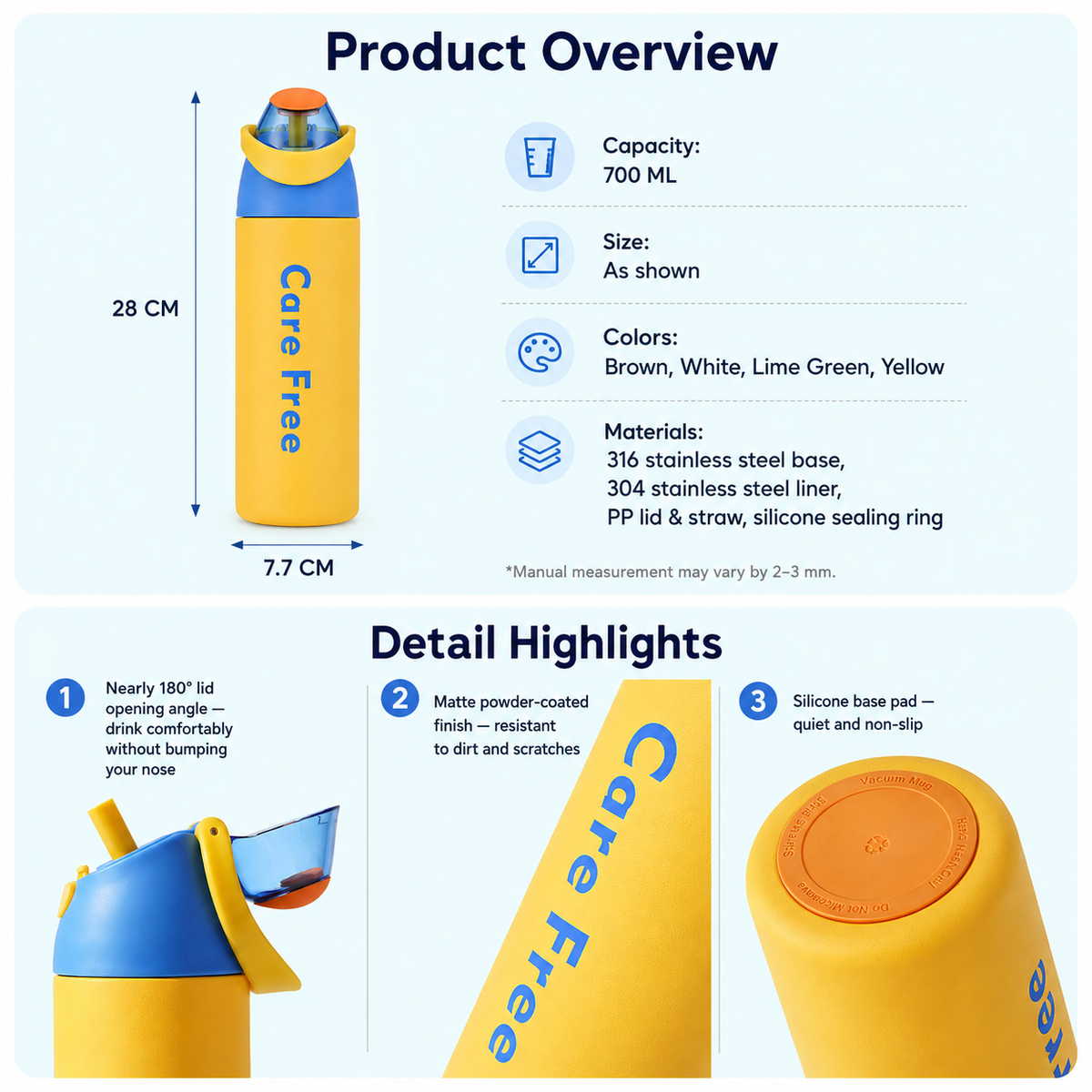 Dual-Drink Straw Lid Insulated Water Bottle 24oz