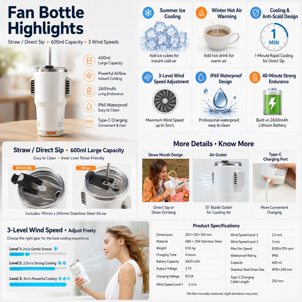 Smart Air-Conditioning Carry Handle Water Bottle 20oz - 40-Min Runtime
