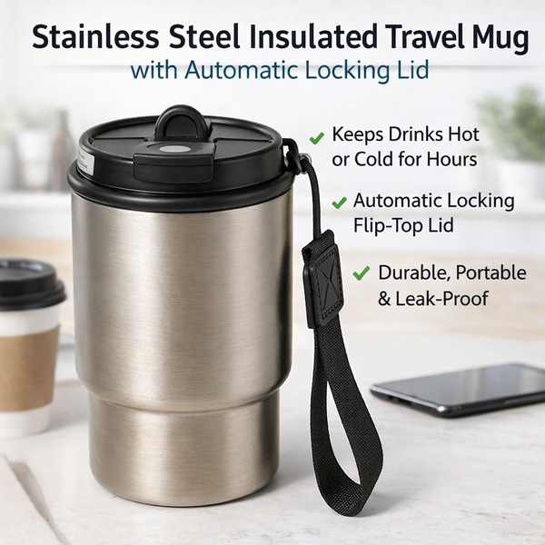 Dual-Lid Insulated Coffee Tumbler with Carry Strap