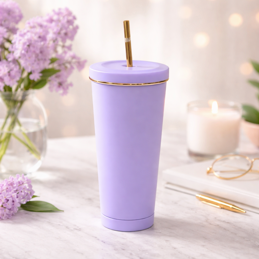 Matte Gold-Rimmed Straw Lid Insulated Tumbler