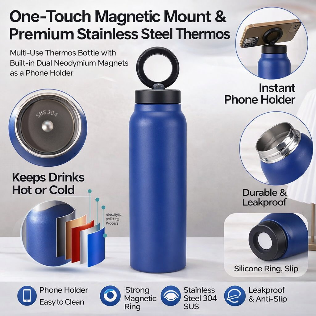 Magnetic Lid Phone Holder Water Bottle