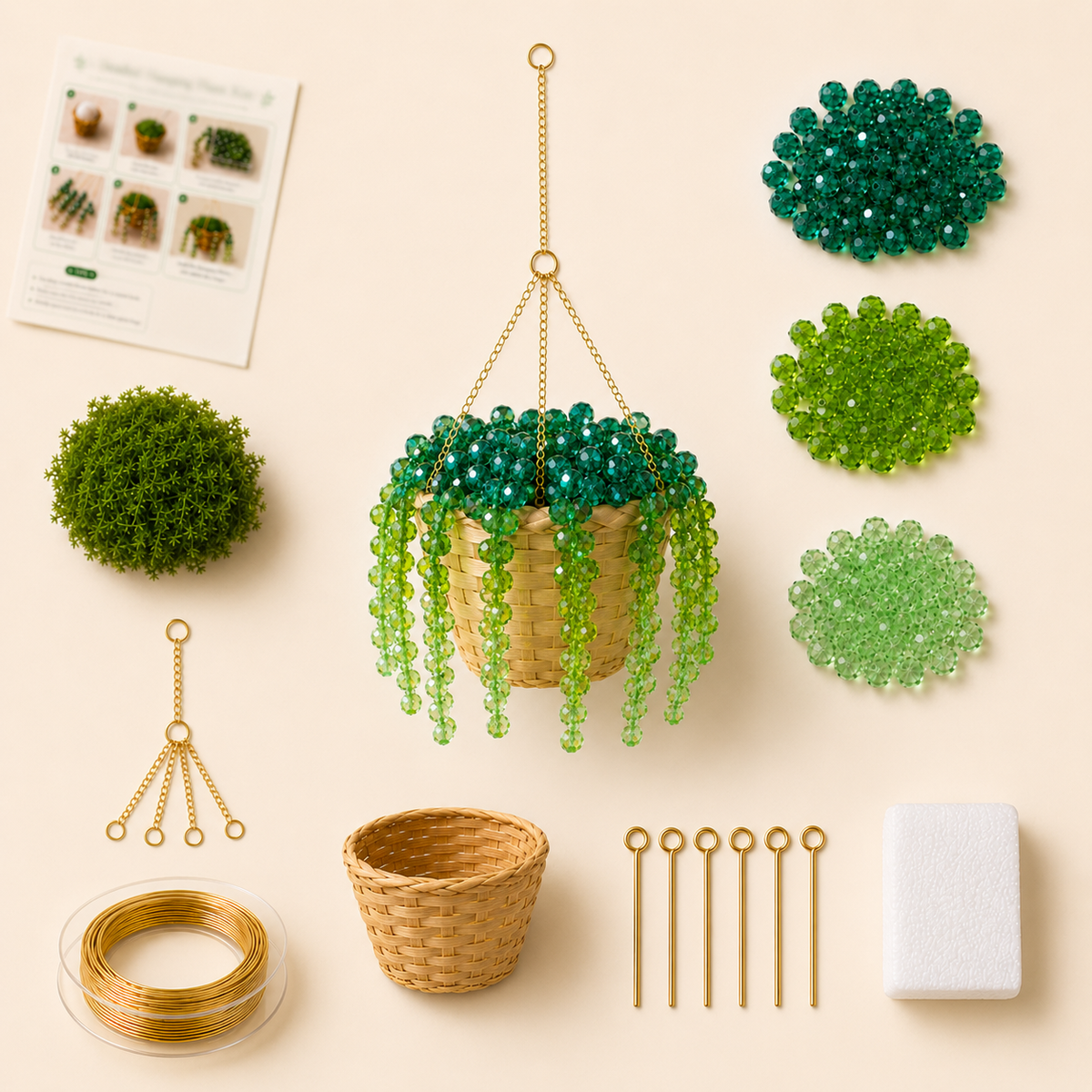 Classic Beaded Hanging Plant DIY Kit with Woven Basket