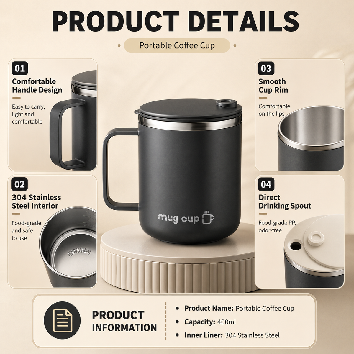 Sliding Lid Handled Coffee Tumbler 14oz