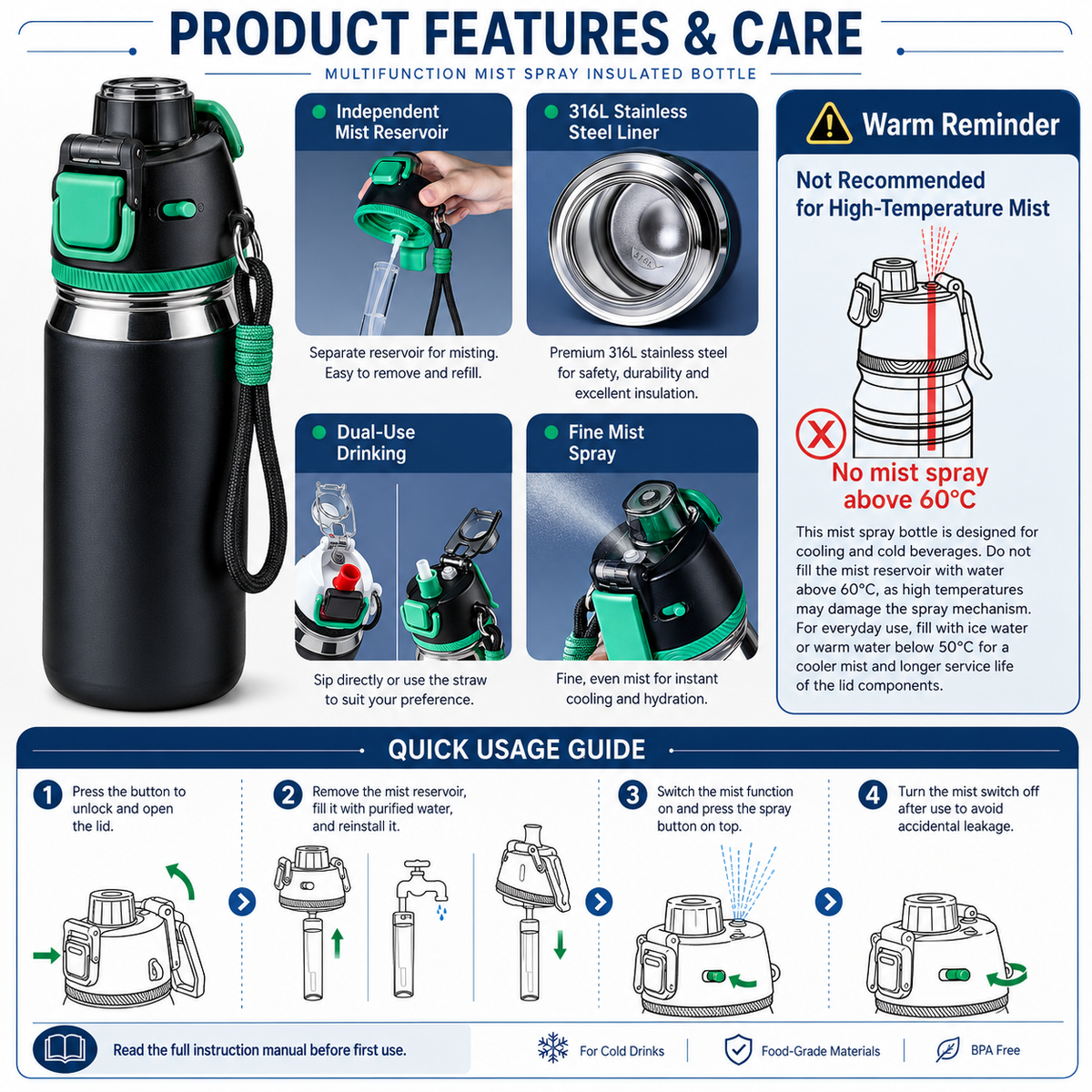 Matte Cooling Spray Insulated Water Bottle 24oz
