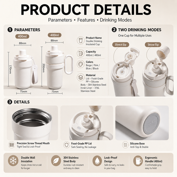 Dual-Drink Insulated Coffee Tumbler with Handle