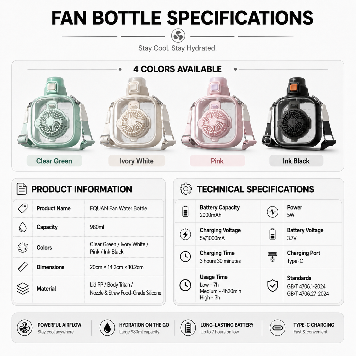 Portable Fan Straw Lid Water Bottle 33oz