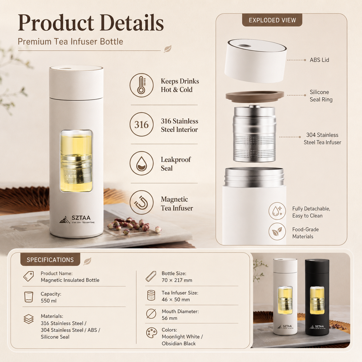 Magnetic Tea Infuser Insulated Water Bottle 18oz
