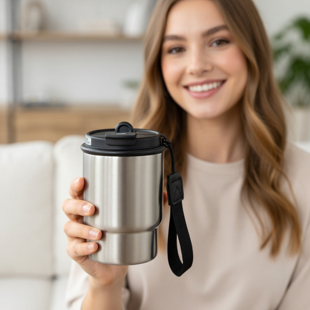 Dual-Lid Insulated Coffee Tumbler with Carry Strap