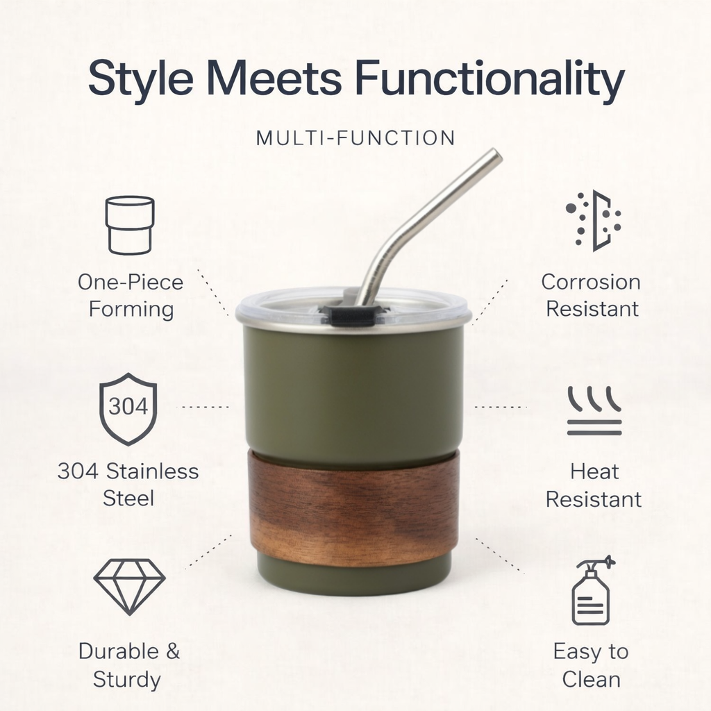 Stackable Dual-Drink Insulated Tumbler with Wood Sleeve 10oz