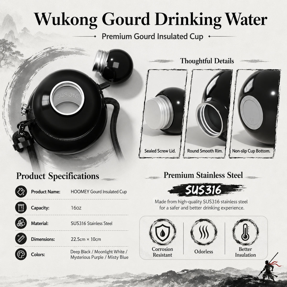 Insulated Gourd-Shaped Water Bottle 16oz
