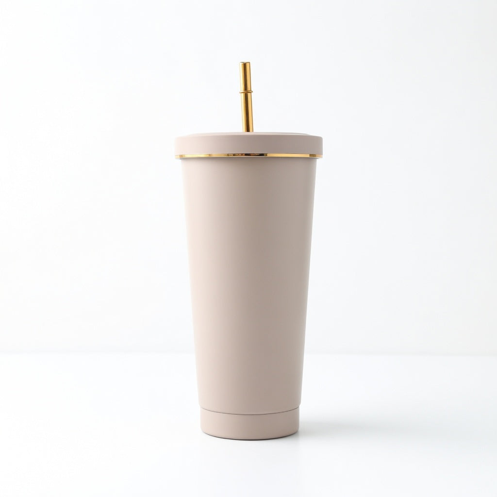 Matte Gold-Rimmed Straw Lid Insulated Tumbler