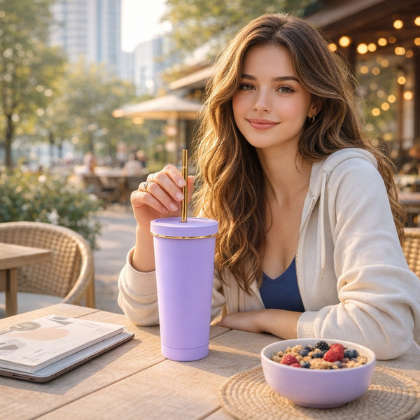 Matte Gold-Rimmed Straw Lid Insulated Tumbler