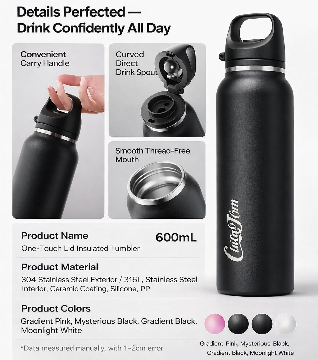 One-Touch Ceramic Lined Carry Handle Water Bottle 20oz