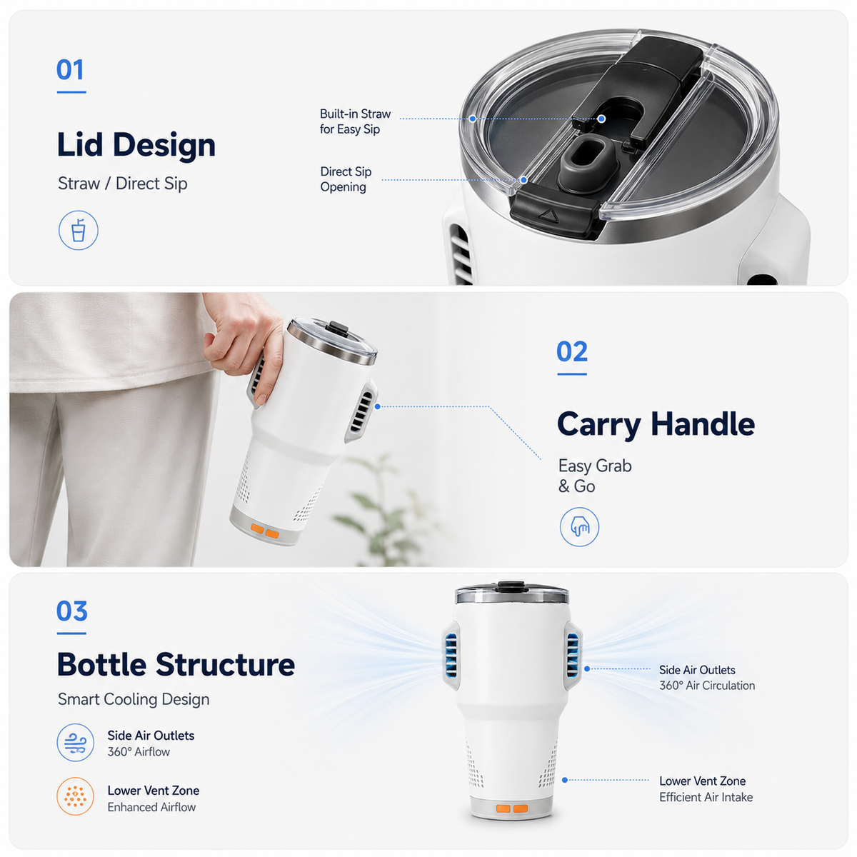 Smart Air-Conditioning Carry Handle Water Bottle 20oz - 40-Min Runtime